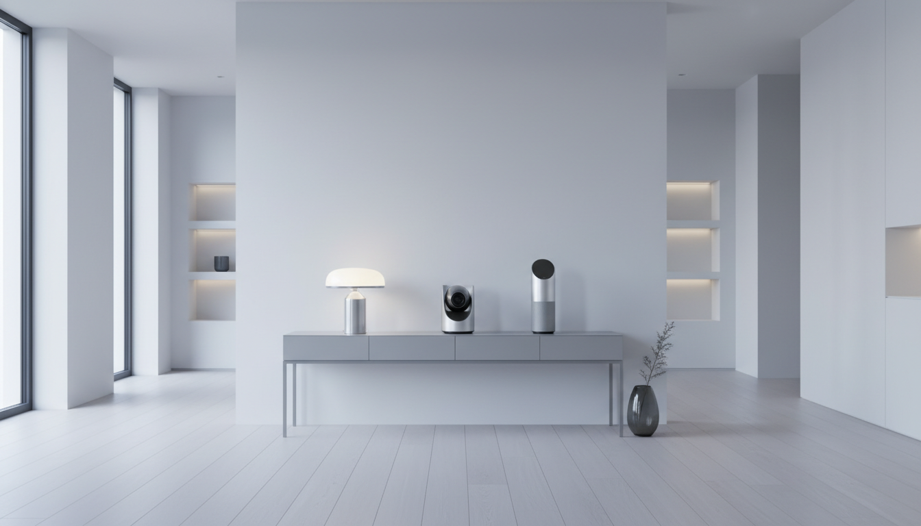 Modern living room shelf with a smart security camera, voice assistant speaker and lamp on a gray sideboard