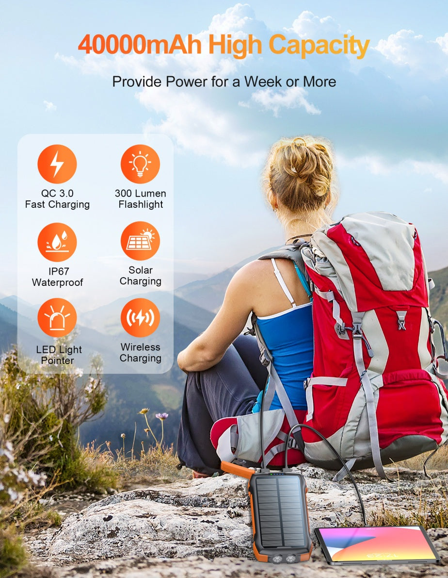 20,000mAh Solar Power Bank - Wireless Charging, 3 USB-C, IP67