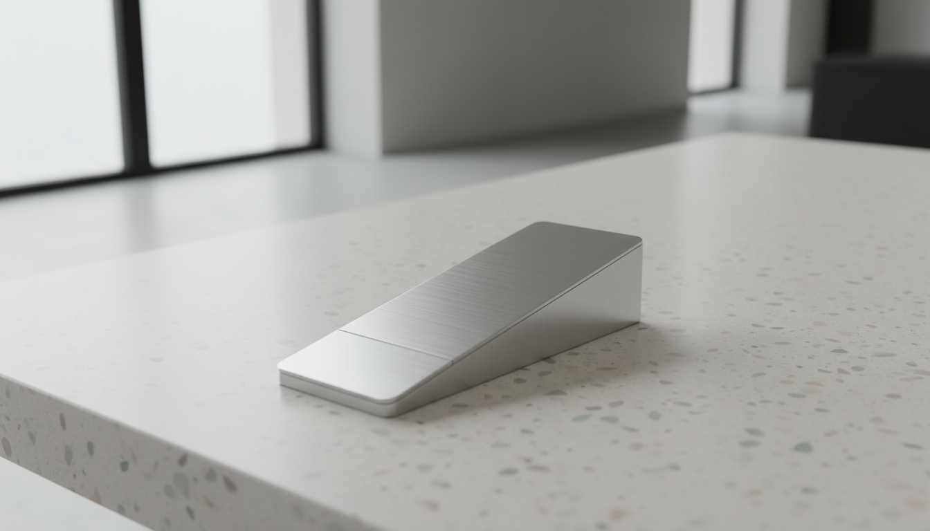 Brushed aluminum wedge-shaped device on a white terrazzo countertop in a bright room