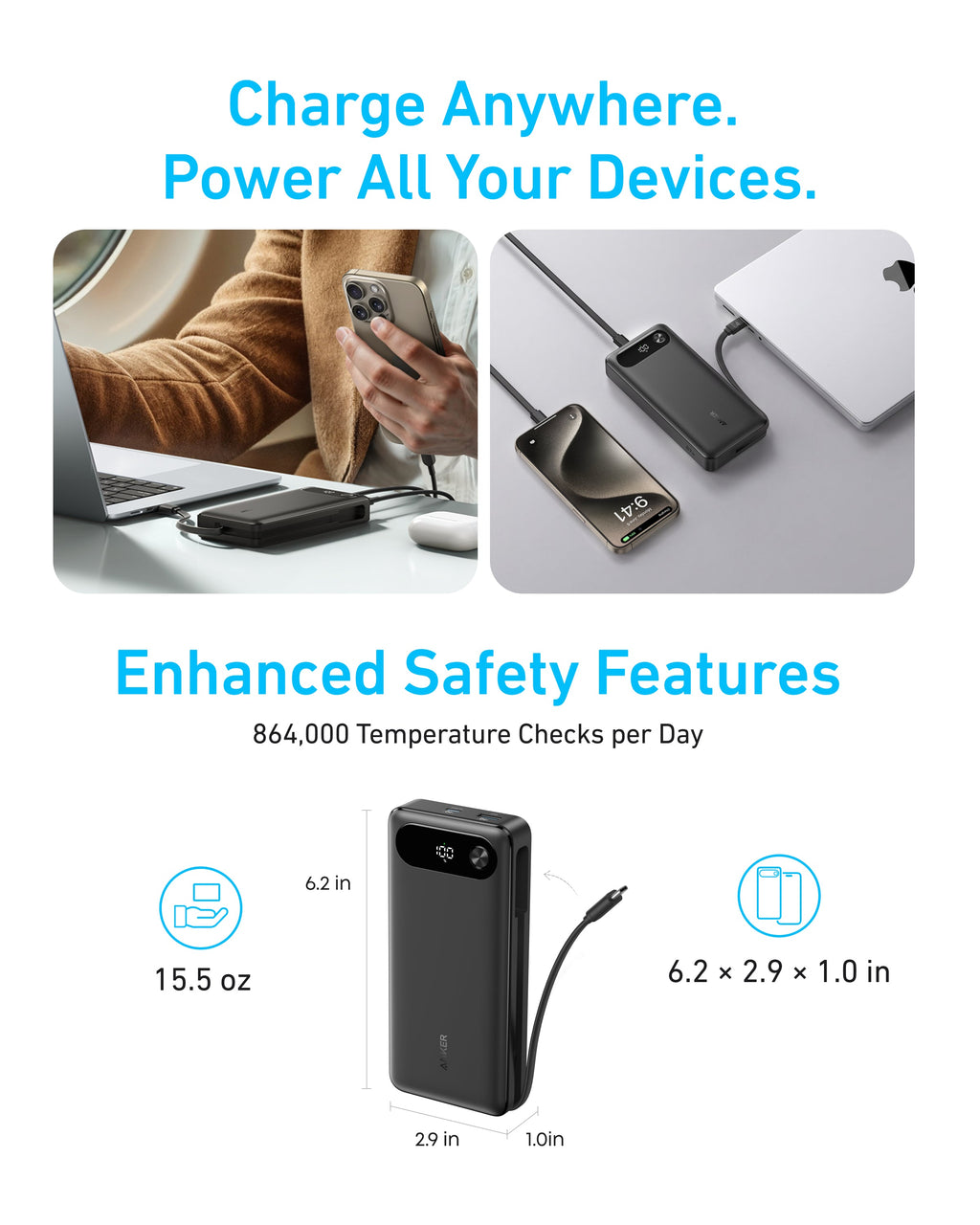Anker Power Bank (20K, 87W) - Built-In USB-C Cable