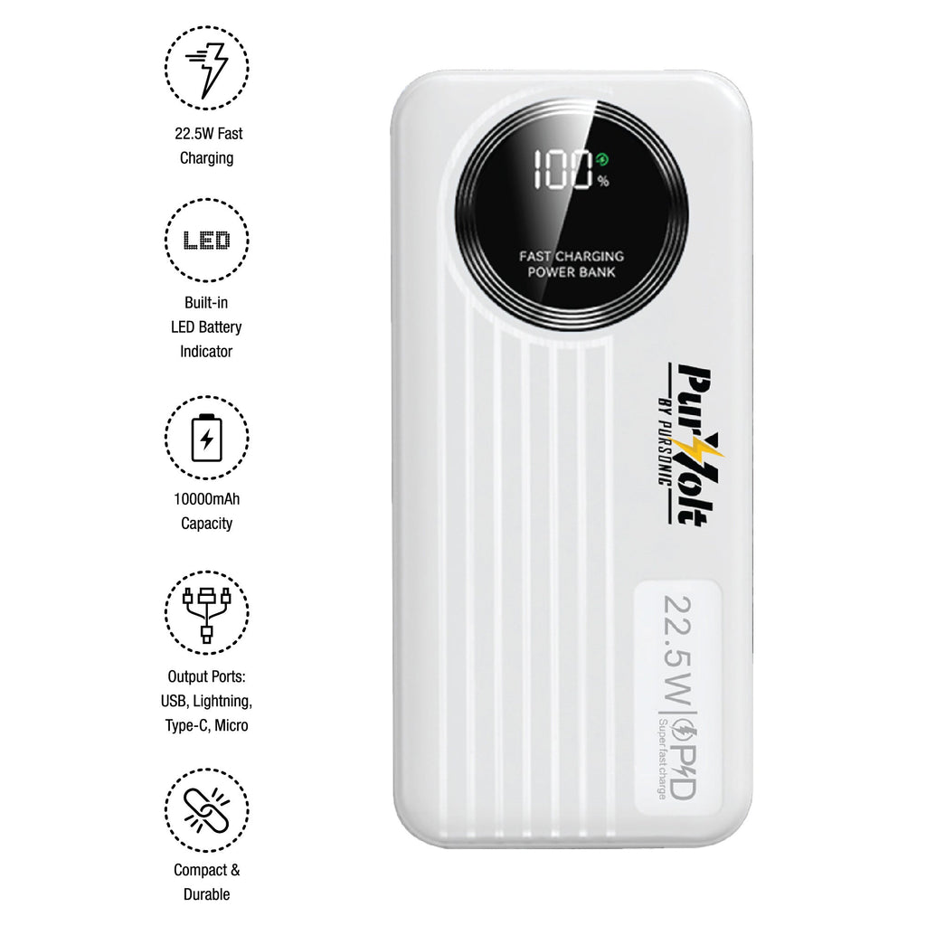 Pursonic 10,000mAh Power Bank - Built-In Cables, 22.5W