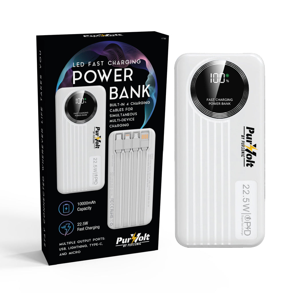 Pursonic 10,000mAh Power Bank - Built-In Cables, 22.5W