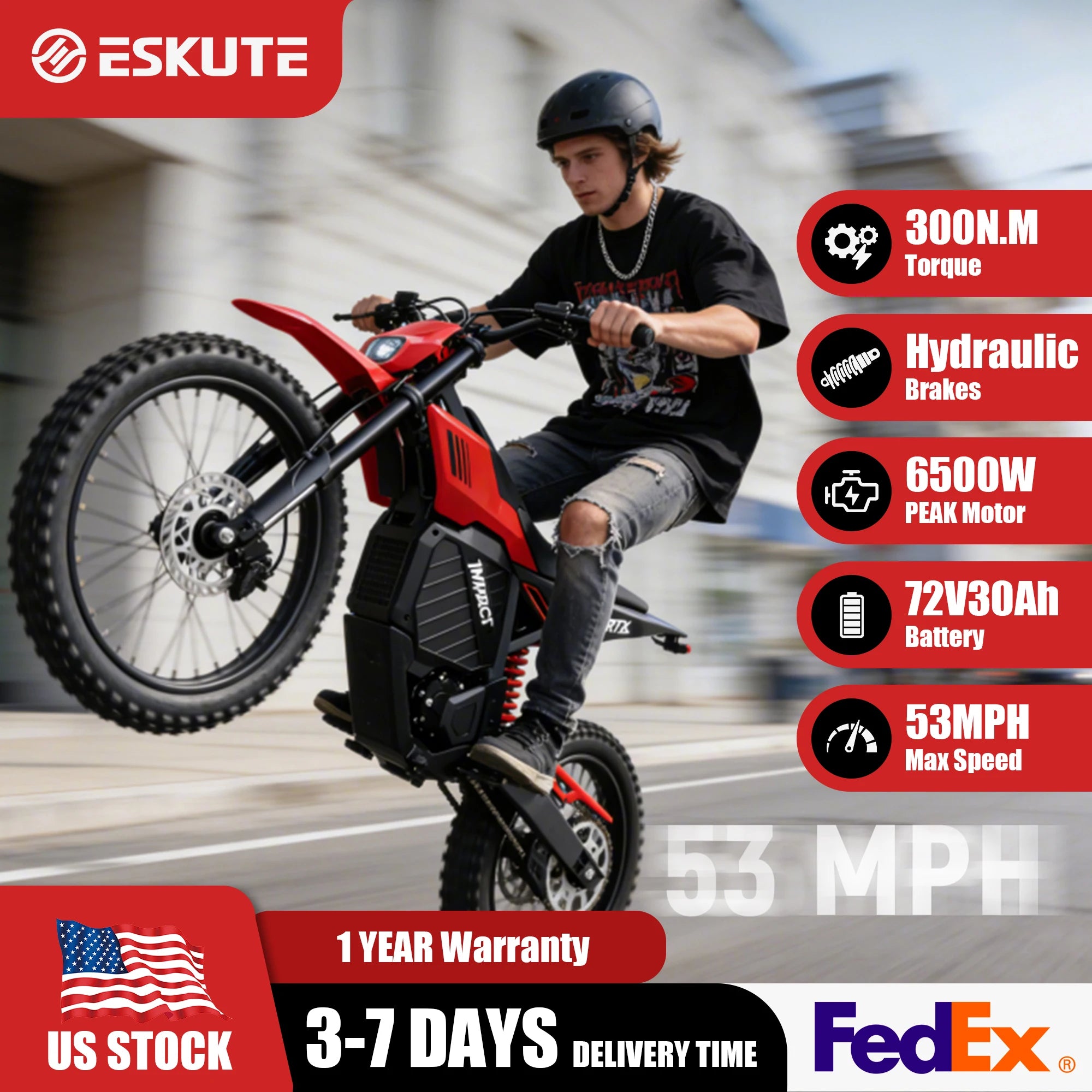 ESKUTE RT-X Electric Dirt Bike - 6500W Mid-Drive, 53MPH, UL2849