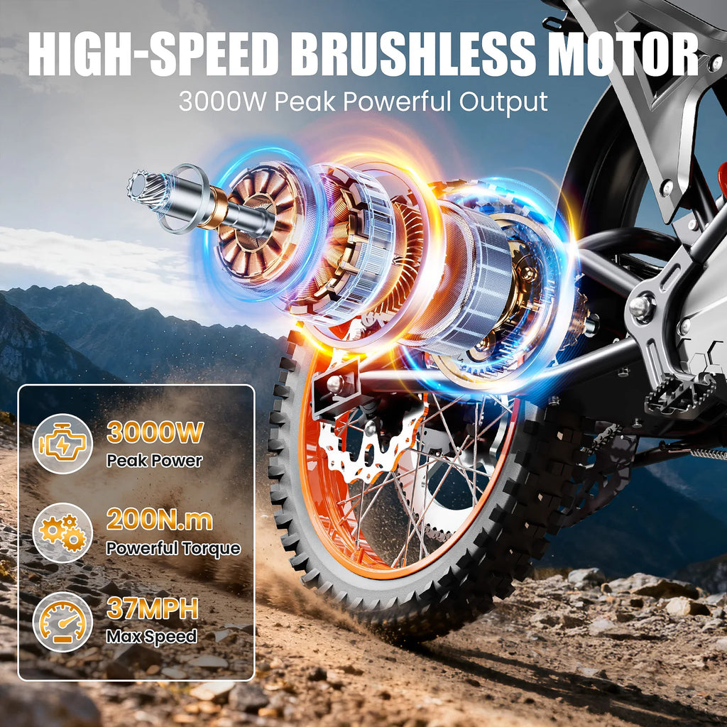 3000W Fat Tire Electric Dirt Bike - 37.5MPH Off-Road Ebike