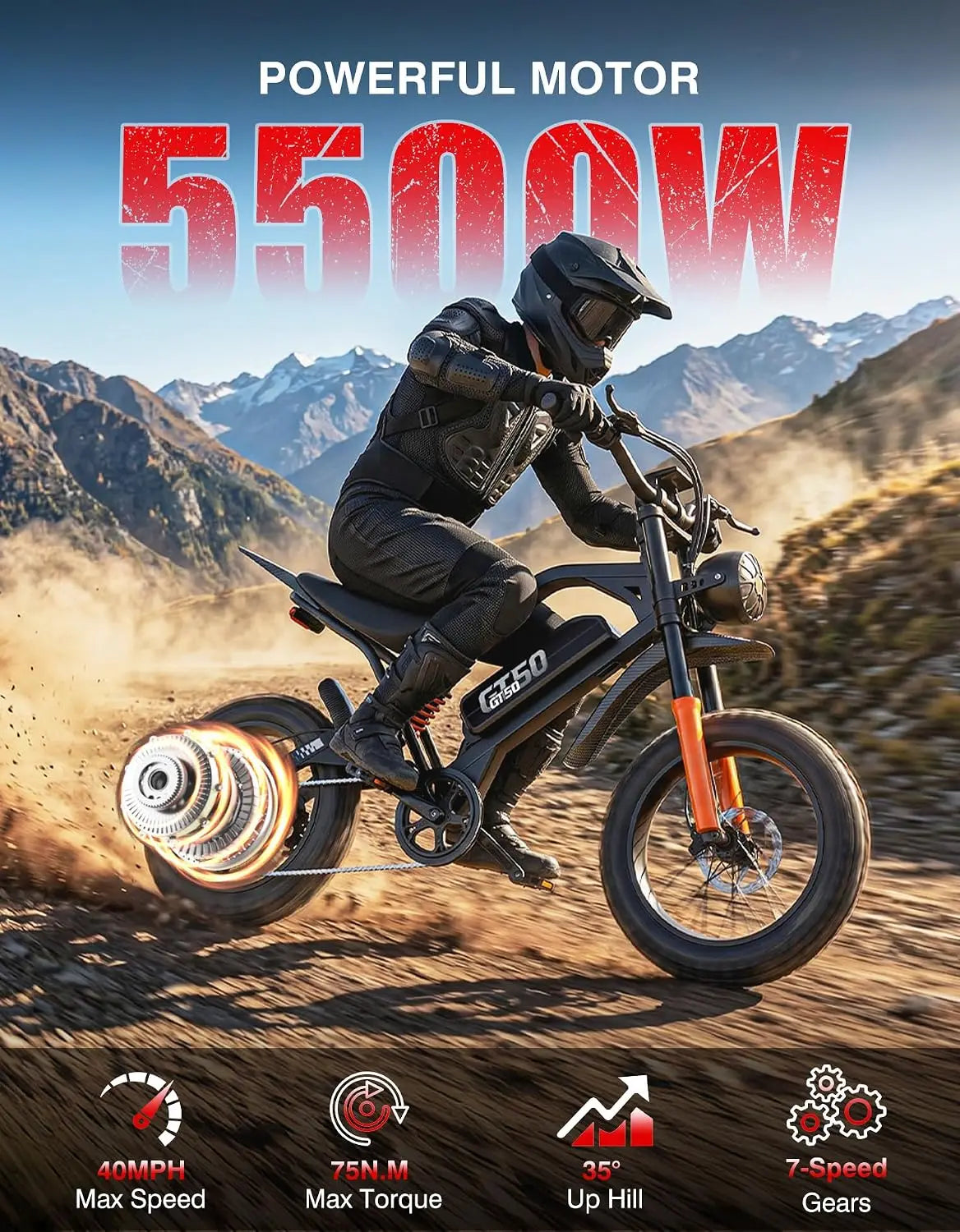 5500W Electric Dirt Bike - 40MPH, 48V 30Ah Battery, Hydraulic Brakes