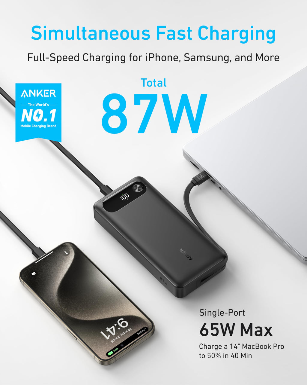 Anker Power Bank (20K, 87W) - Built-In USB-C Cable