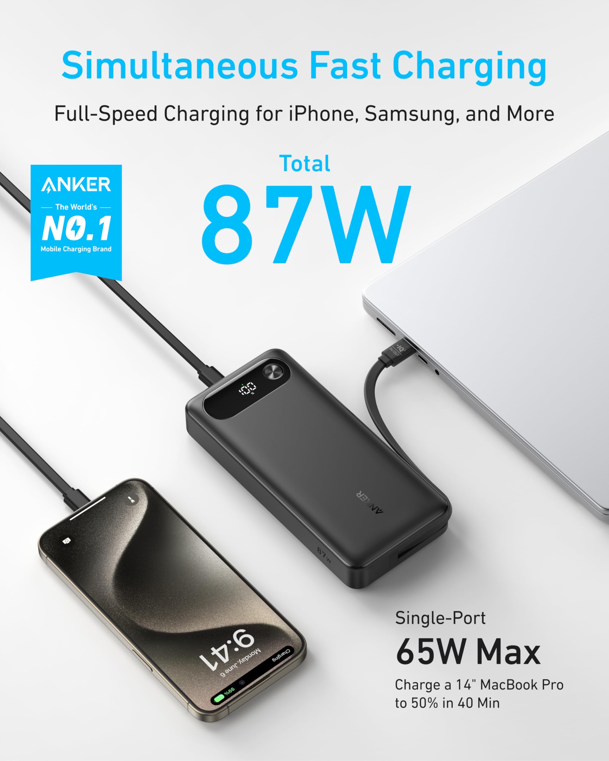 Anker Power Bank (20K, 87W) - Built-In USB-C Cable