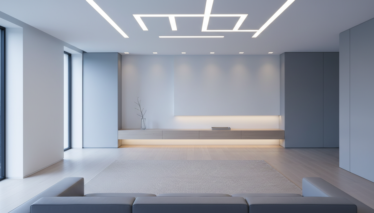 Minimalist living room with recessed ceiling lights, a gray sofa and a low wood media console