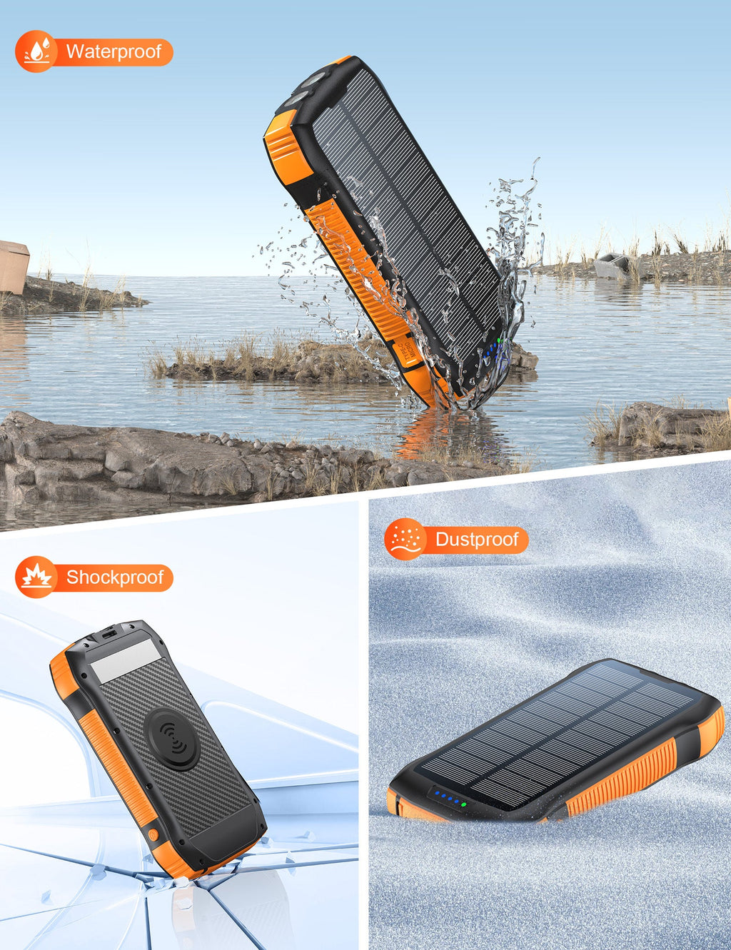 20,000mAh Solar Power Bank - Wireless Charging, 3 USB-C, IP67