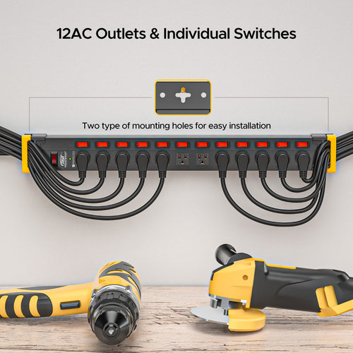 12-Outlet Heavy Duty Power Strip - 1020J Surge Protector, 9ft Cord