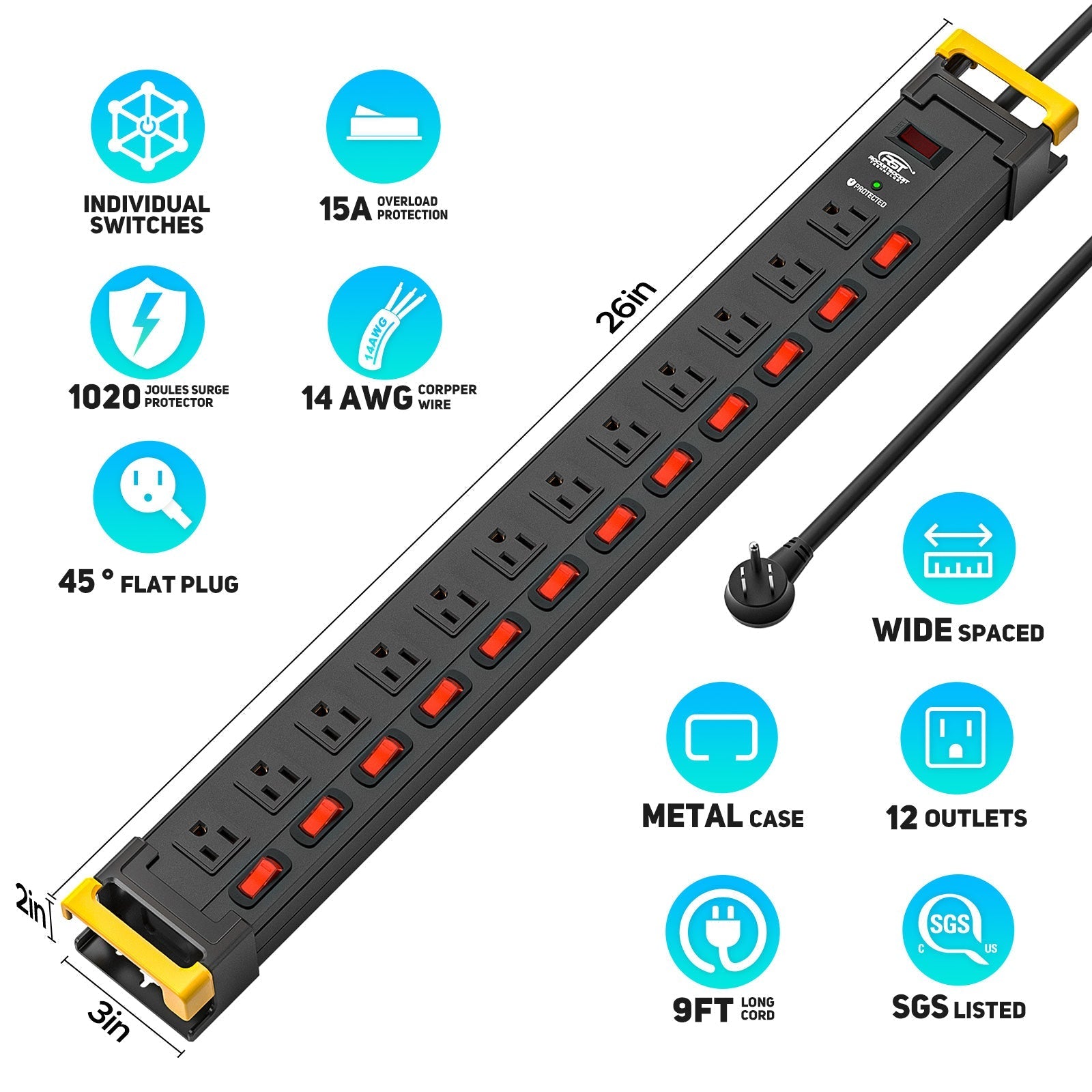 12-Outlet Heavy Duty Power Strip - 1020J Surge Protector, 9ft Cord
