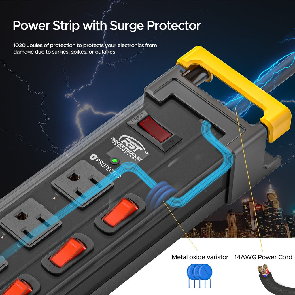 12-Outlet Heavy Duty Power Strip - 1020J Surge Protector, 9ft Cord