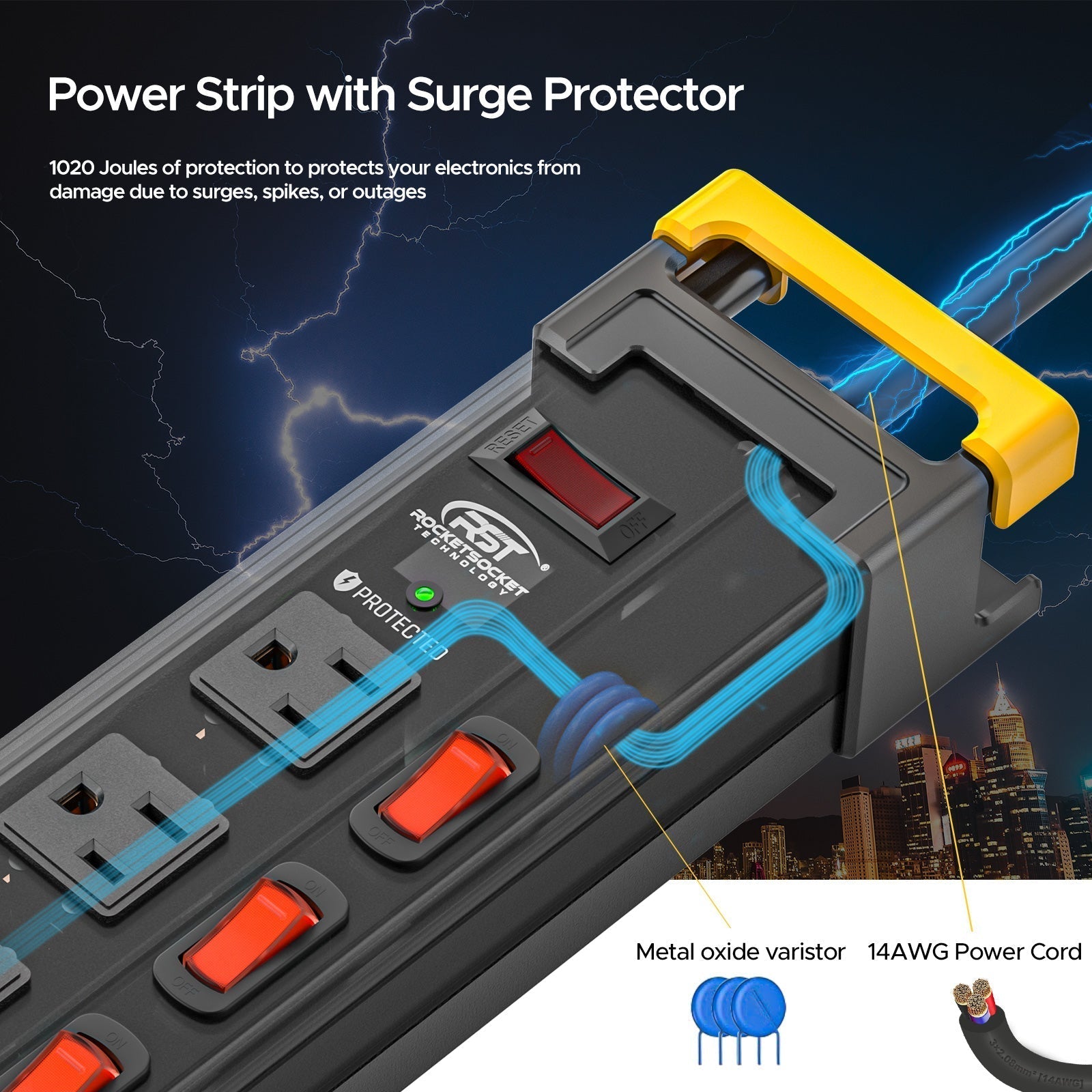 12-Outlet Heavy Duty Power Strip - 1020J Surge Protector, 9ft Cord
